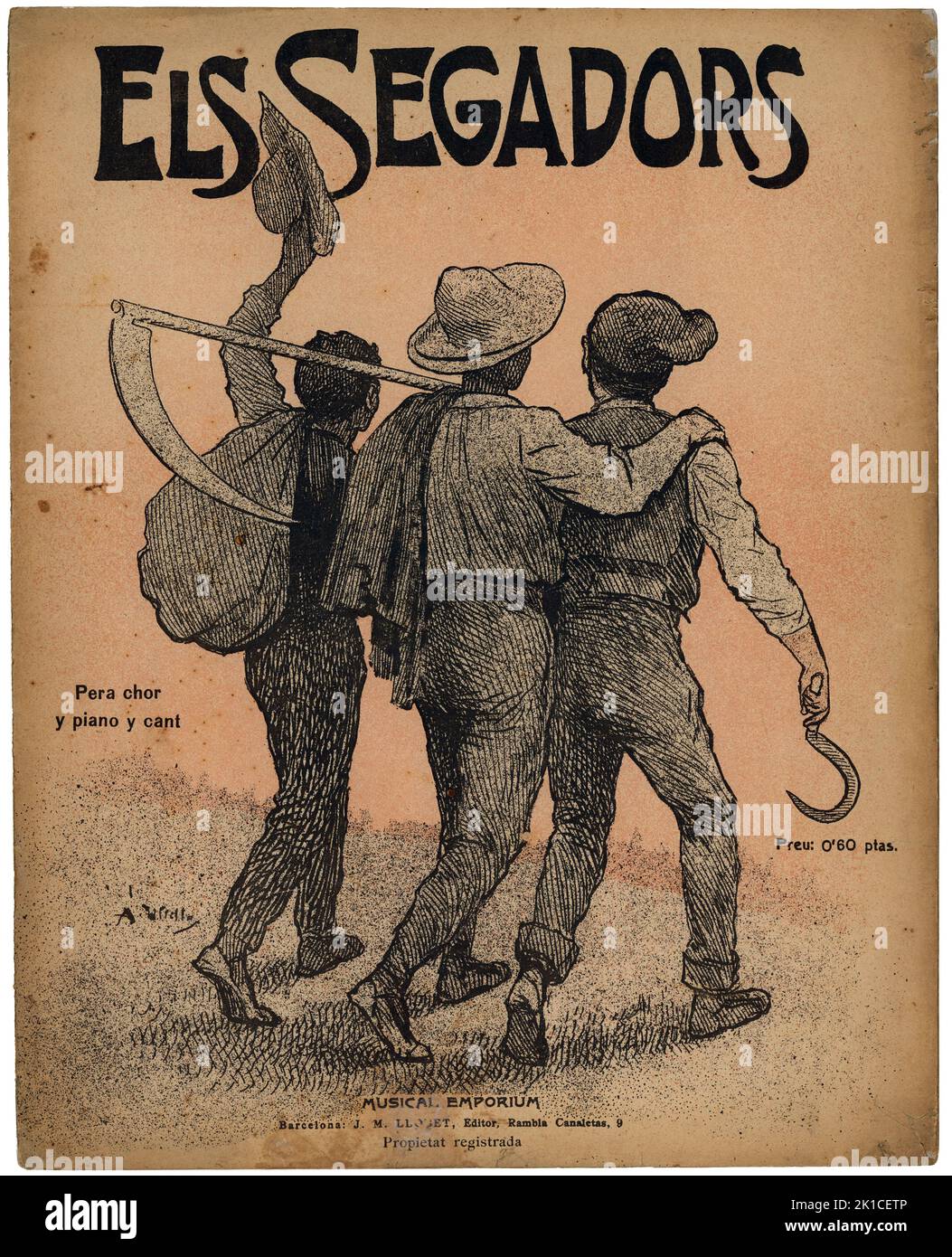 Partitura Musical del himno catalán Els Segadors. Año 1907. Dibujo de Utrillo. Autor: Antonio Utrillo Viadera. Stockfoto