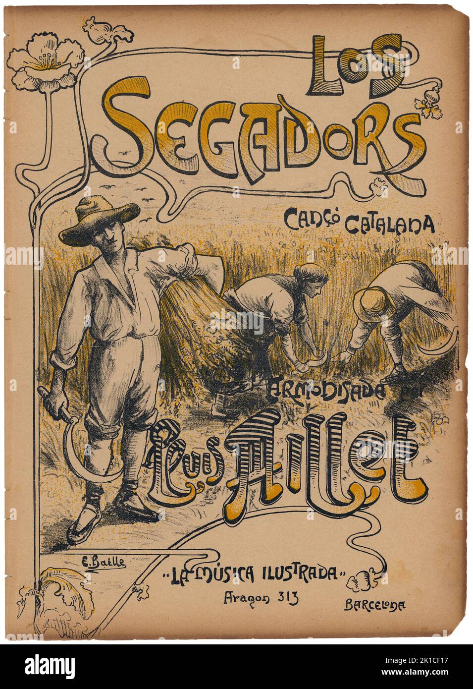 Partitura Musical del himno catalán Els Segadors, armonizada por Lluis Millet. Años 1932. Stockfoto