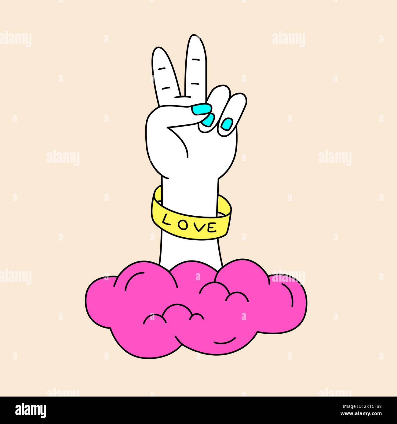 Vintage Hippie Peace Hand-Geste aus der Wolke. Doodle-Illustration. Vorlage für Aufkleber, Poster und T-Shirt. Stock Vektor