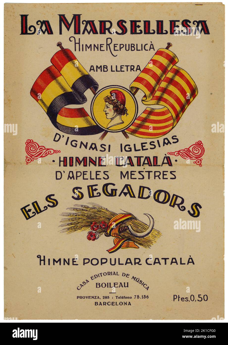 Partitura Musical del himno catalán Els Segadors, y el himno republicano francés La Marsellesia. Años 1931. Stockfoto