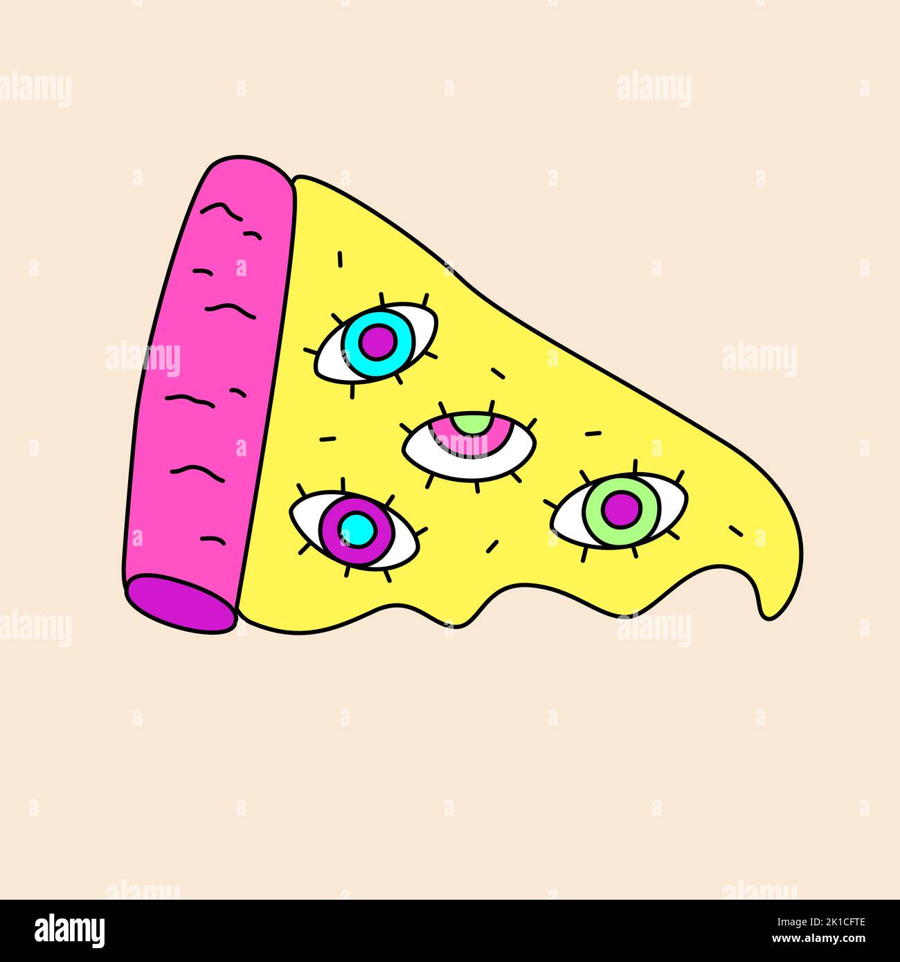 Bunte Pizza mit allen sehenden Augen. Handgezeichnete Doodle ...
