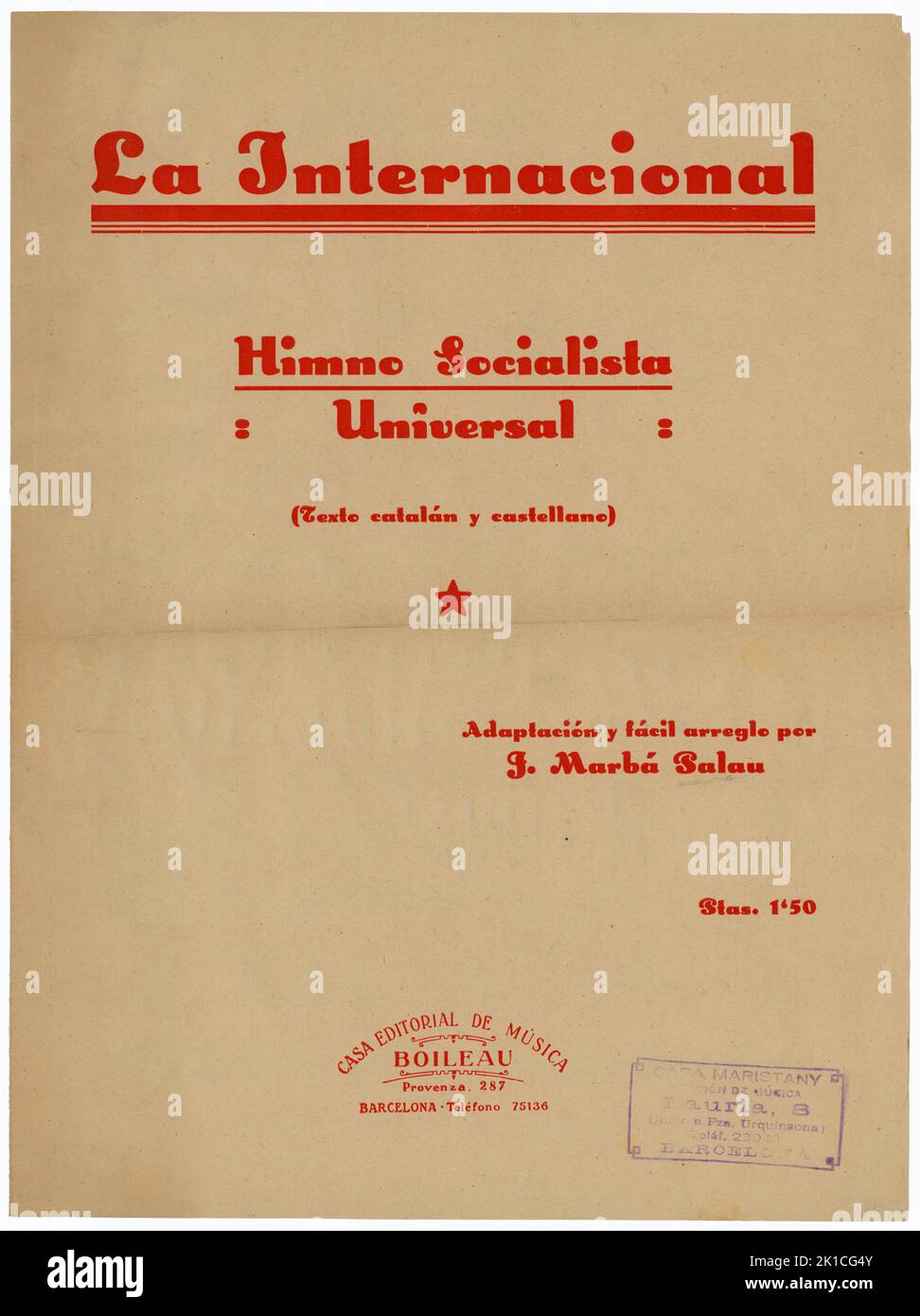 Partitura Musical del himno socialista La Internacional. Año 1910. Stockfoto