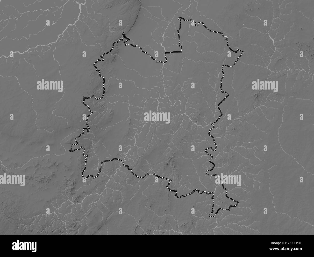 Boucle du Mouhoun, Region von Burkina Faso. Höhenkarte in Graustufen mit Seen und Flüssen Stockfoto