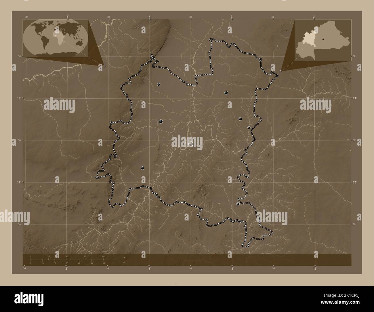 Boucle du Mouhoun, Region von Burkina Faso. Höhenkarte in Sepia-Tönen mit Seen und Flüssen. Standorte der wichtigsten Städte der Region. Ecke Stockfoto