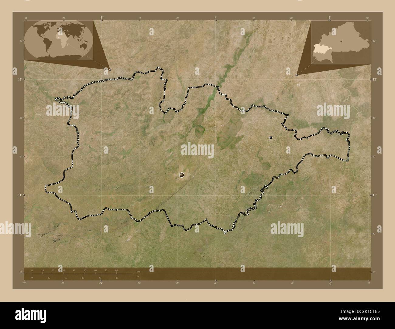 Hauts-Bassins, Region von Burkina Faso. Satellitenkarte mit niedriger Auflösung. Standorte der wichtigsten Städte der Region. Karten für zusätzliche Eckposition Stockfoto