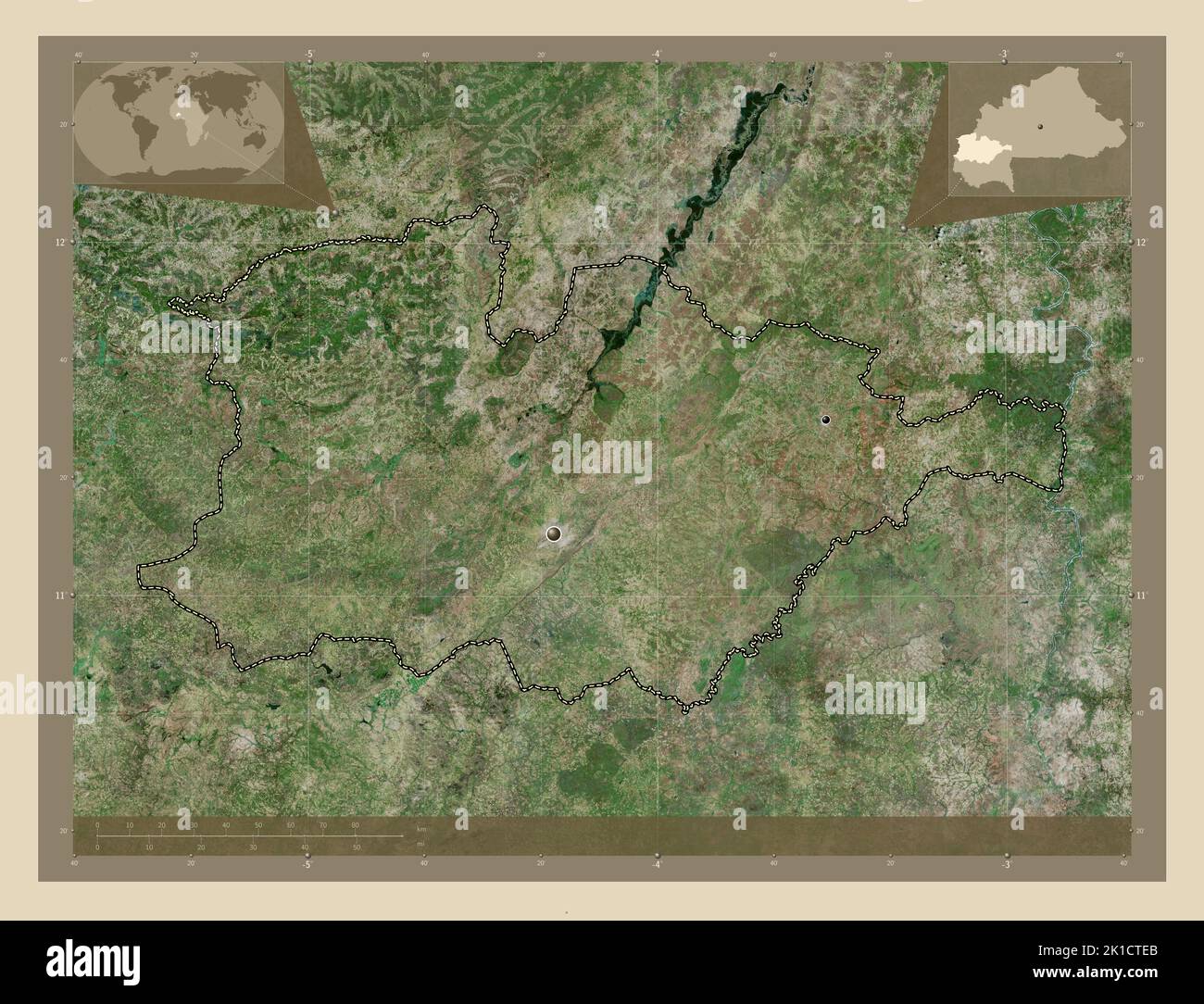 Hauts-Bassins, Region von Burkina Faso. Hochauflösende Satellitenkarte. Standorte der wichtigsten Städte der Region. Karten für zusätzliche Eckposition Stockfoto