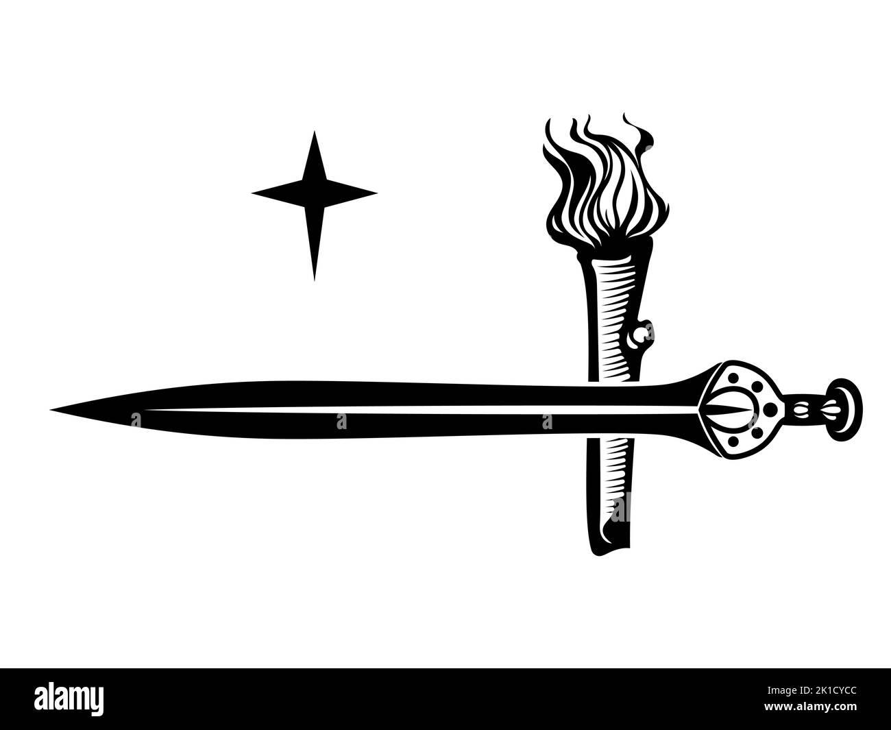 Skandinavisches Wikingerdesign. Altes keltisches Schwert und brennende Fackel Stock Vektor