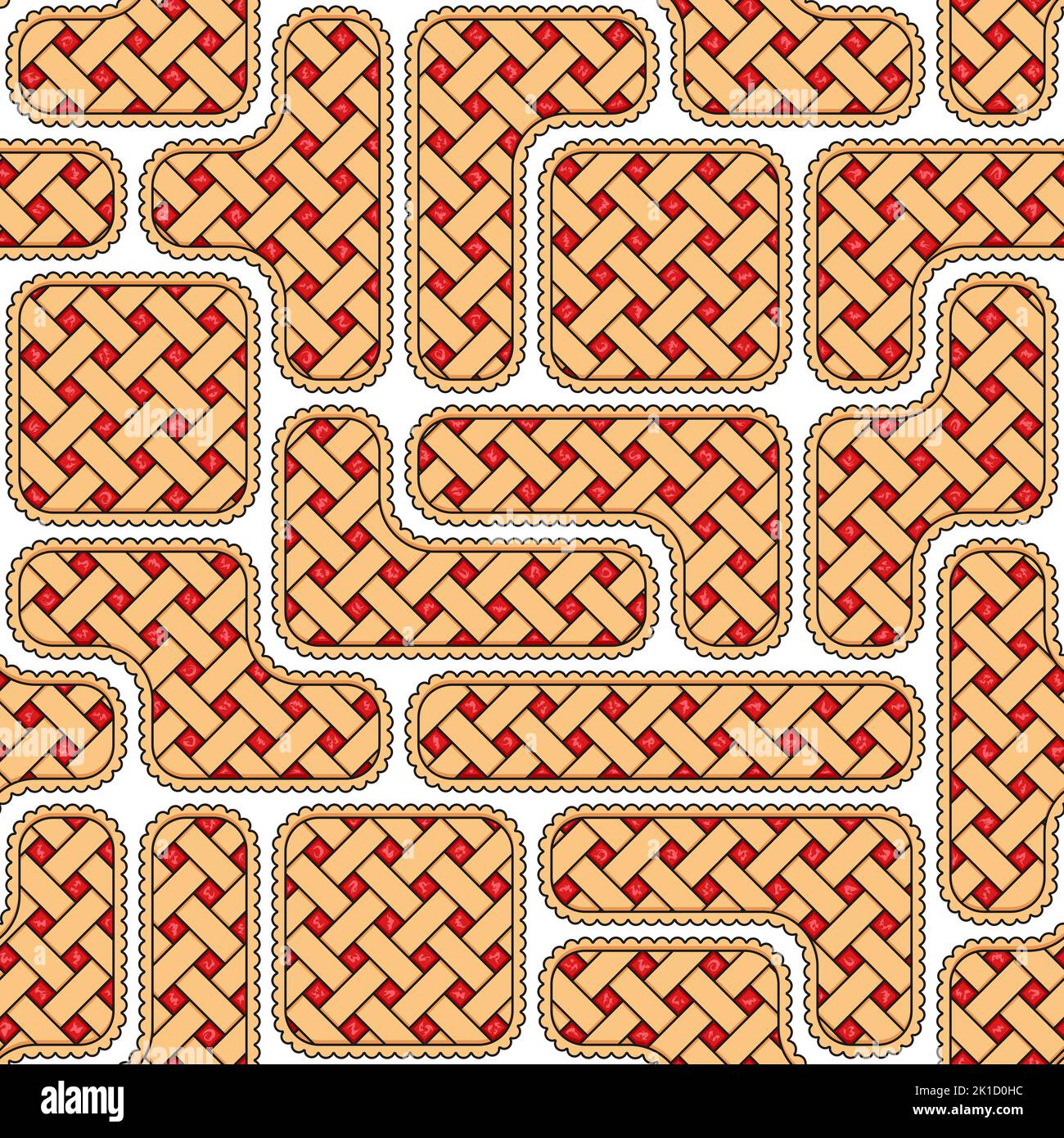 Nahtloses Muster mit Puzzles aus Red Berry Pie. Farbiger Vektorhintergrund auf Weiß. Stock Vektor