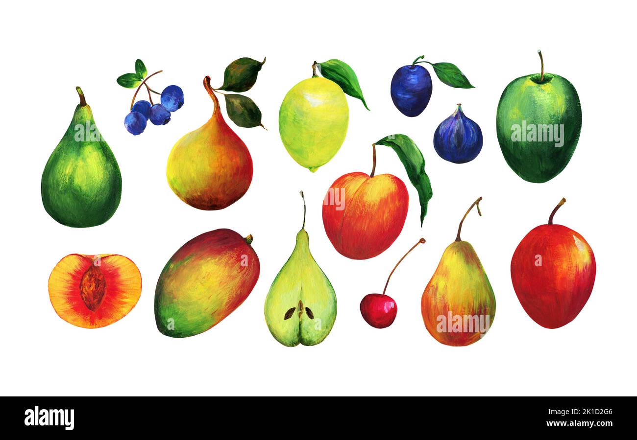 Aquarell Set von handbemalten exotischen Früchten.Obst und Gemüse. Stockfoto
