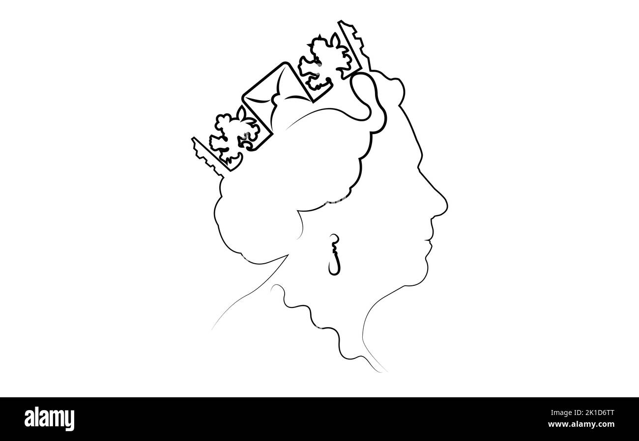 Seitenprofil von Queen Elizabeth. Die Queen's in line Art Portrait, Vektor-Illustration isoliert auf weißem Hintergrund Stock Vektor