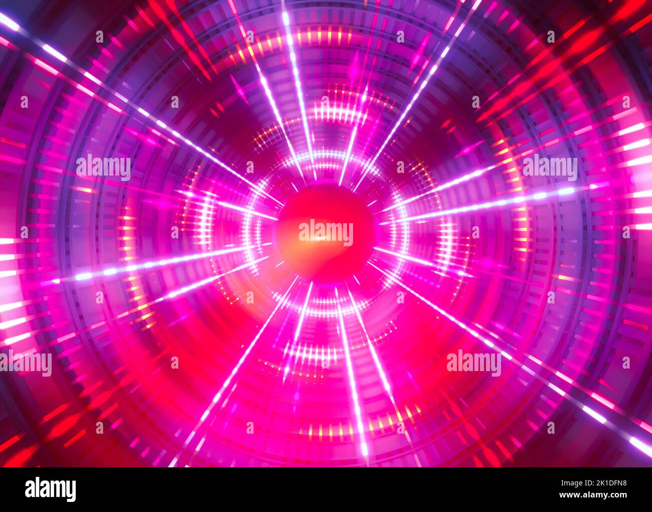 3D abstrakter geometrischer Hintergrund mit Neonlicht, runder Tunnel Stockfoto