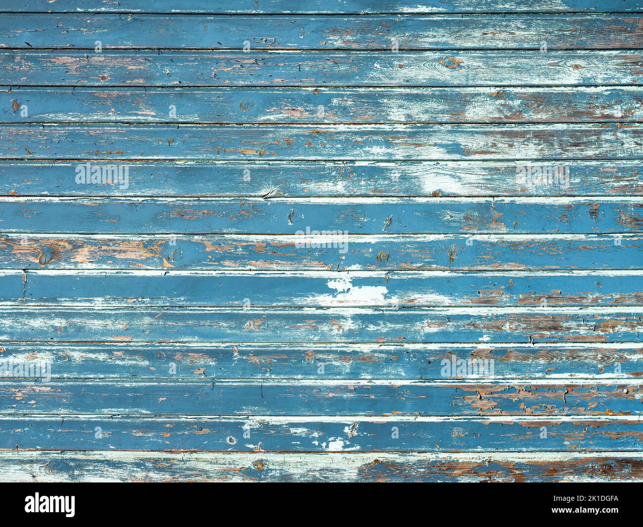 Horiontaler Hintergrund bestehend aus gewitterten alten grungigen blauen Brettern mit abblätternder Farbe Stockfoto