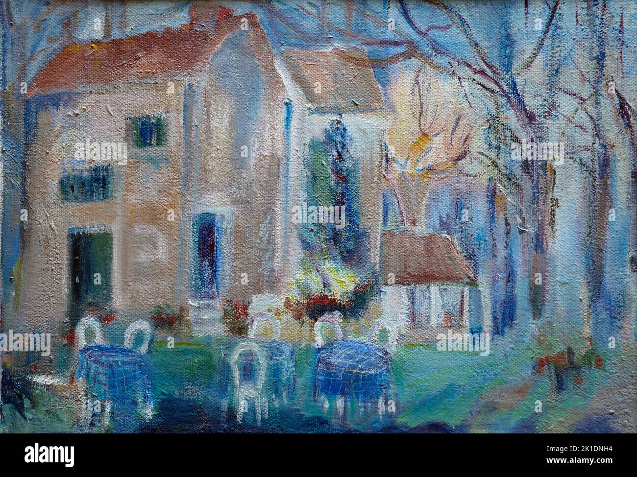 AJAXNETPHOTO. 1985. PRIVETT, ENGLAND. - T.G. EASTLAND ART - DAS ALTE CAFÉ, FRANKREICH, GEMALT VON T. G. EASTLAND; ACRYL AUF LEINWAND. 20TH JAHRHUNDERT IMPRESSIONISMUS STIL ARBEIT DATIERT UM 1985. GEMÄLDE OHNE UNTERSCHRIFT. TITEL VERSO. FOTO:© IN DIESER DIGITALEN KOPIE DES ORIGINALWERKS/AJAX NEWS & FEATURE SERVICE. © IN ORIGINALARBEIT; T. G. EASTLAND. QUELLE: PRIVATE SAMMLUNG. REF:GX8 191003 26 Stockfoto