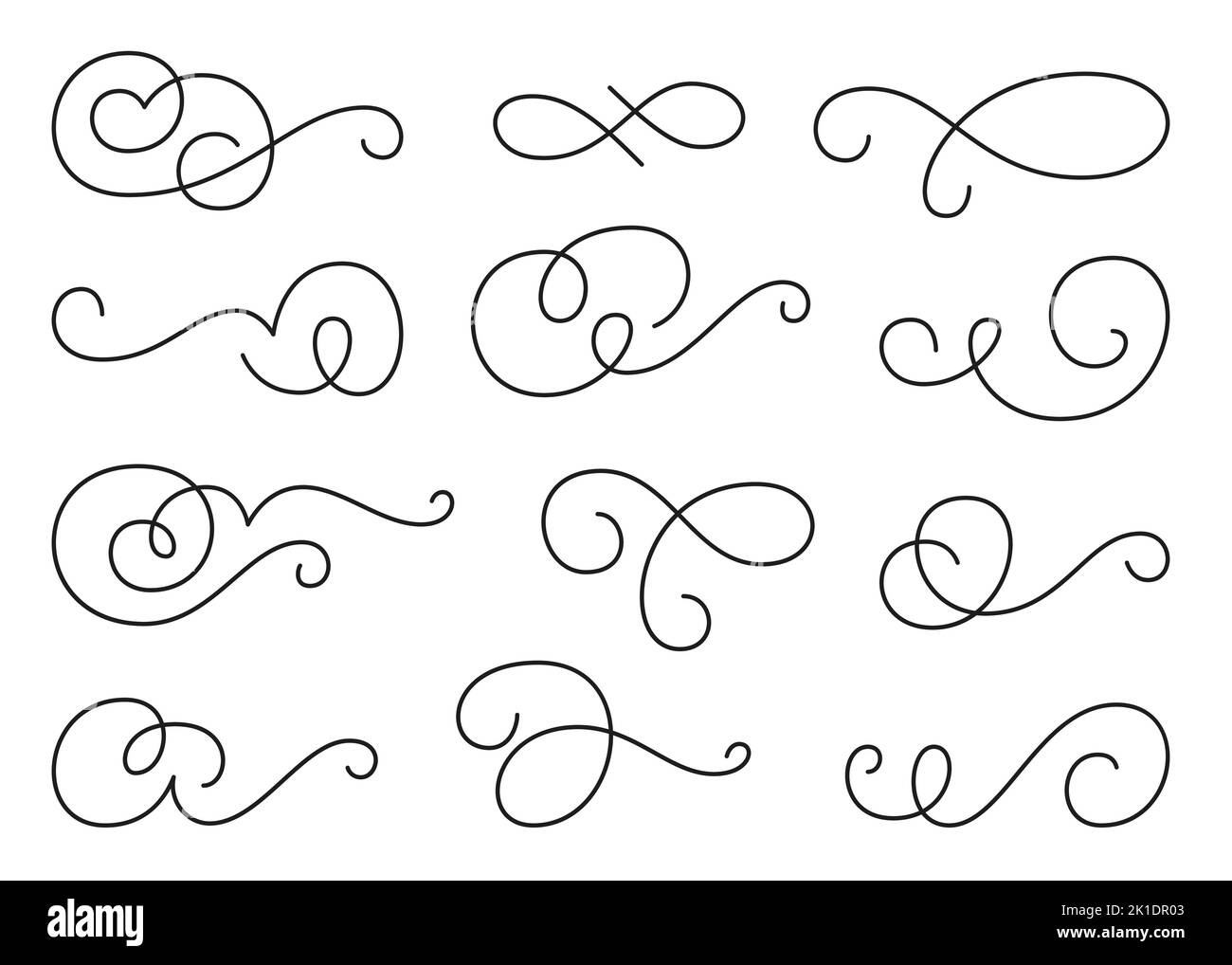 Kalligraphisches Design Element Set, Wirbel wirbeln Ornament. Dekorative Locken, Wirbel blüht, Trenner, Swashes und filigrane Linienornamente für Menü, Zertifikat, Diplom, Hochzeitskarte, Invatation Stock Vektor