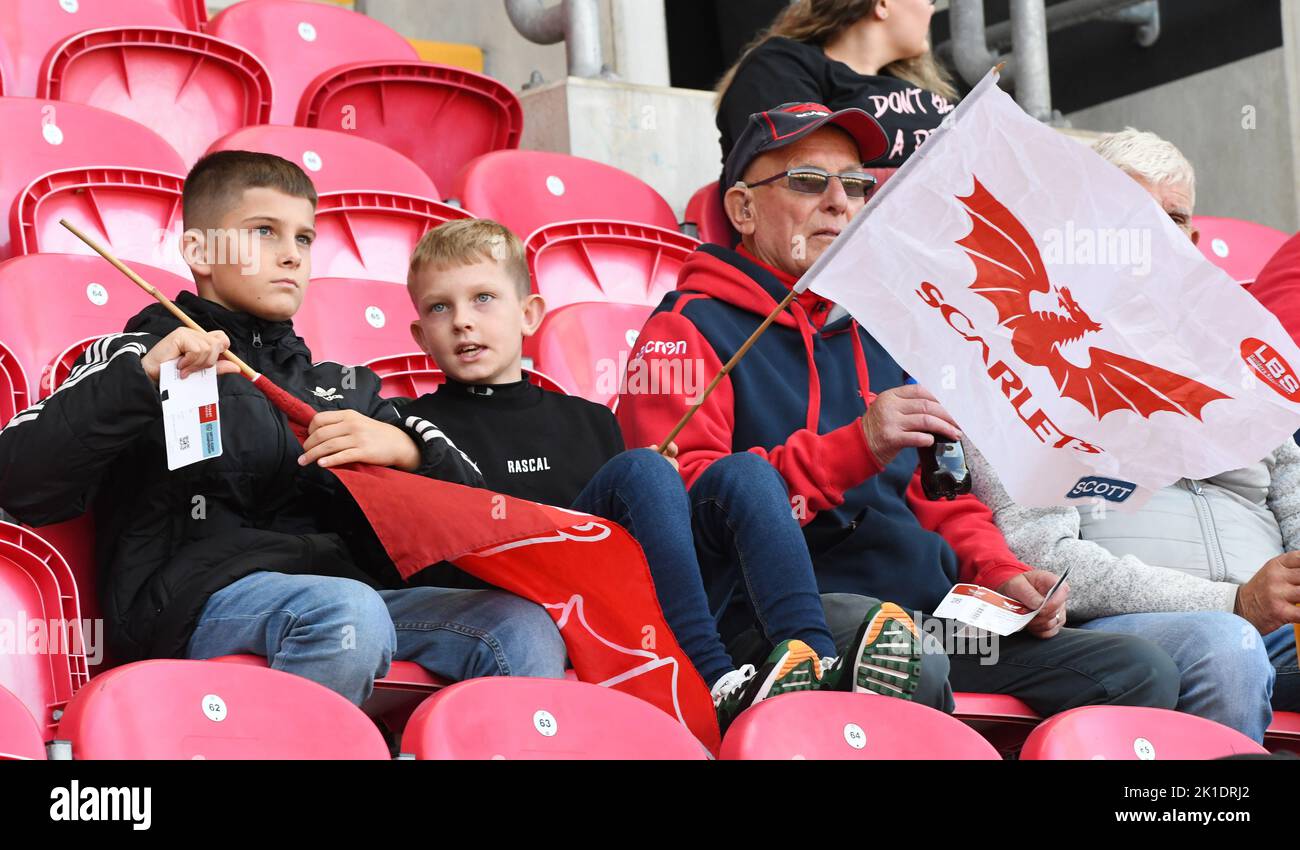 17.. September 2022; Parc y Scarlets, Llanelli, Carmarthenshire, Wales: United Rugby Championship; Scarlets versus Ospreys: Scarlets Fans Stockfoto