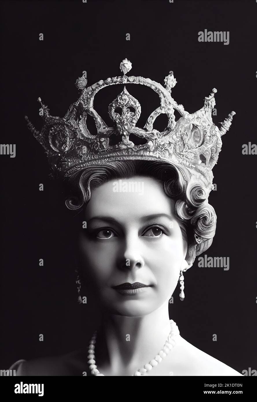 Eine vertikale Graustufendarstellung von Kunstwerken der jungen Königin Elizabeth II in ihrer Krone Stockfoto
