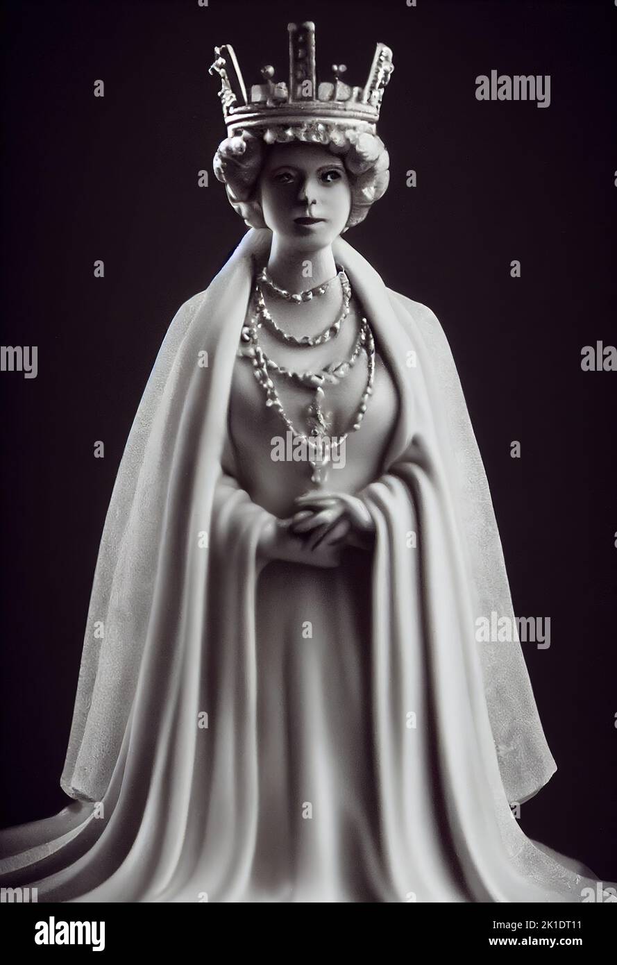 Eine vertikale graue Tonfigur der jungen Königin Elizabeth II in ihrer Krone Stockfoto