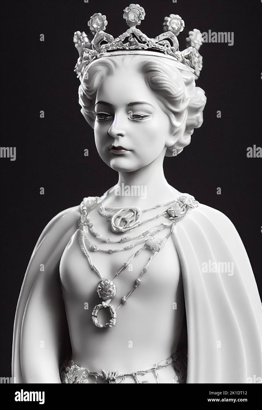 Eine vertikale graue Tonfigur der jungen Königin Elizabeth II in ihrer Krone Stockfoto