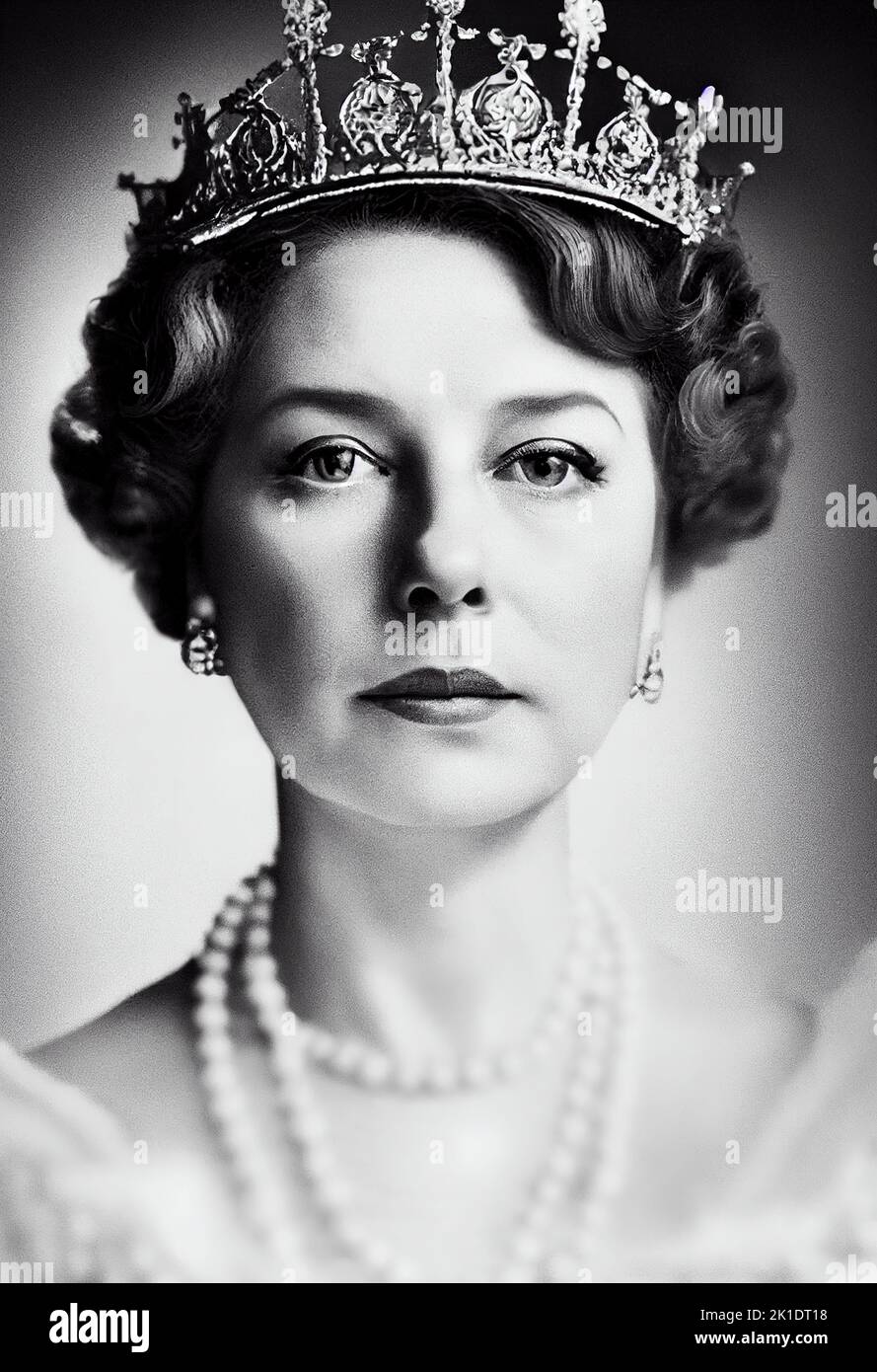 Eine vertikale Graustufendarstellung von Kunstwerken der jungen Königin Elizabeth II in ihrer Krone Stockfoto