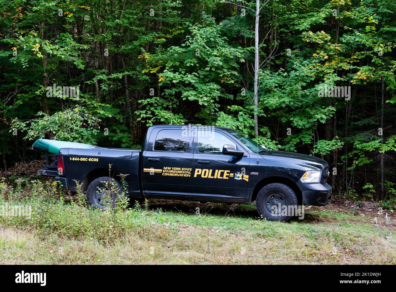 Ein Pickup-Truck der New Yorker Staatspolizei zum Umweltschutz mit einem Kajak, das in den Adirondack Mountains, der Wildnis von NY, geparkt ist Stockfoto