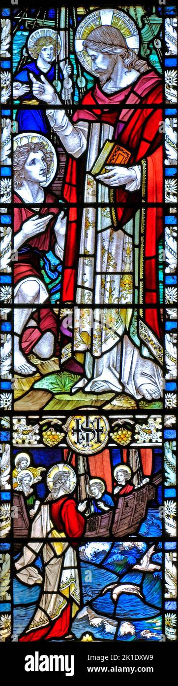 Cley am Meer, Norfolk. Jesus und Fischer, Glasfenster, von A.A.Orr, 1923 Stockfoto