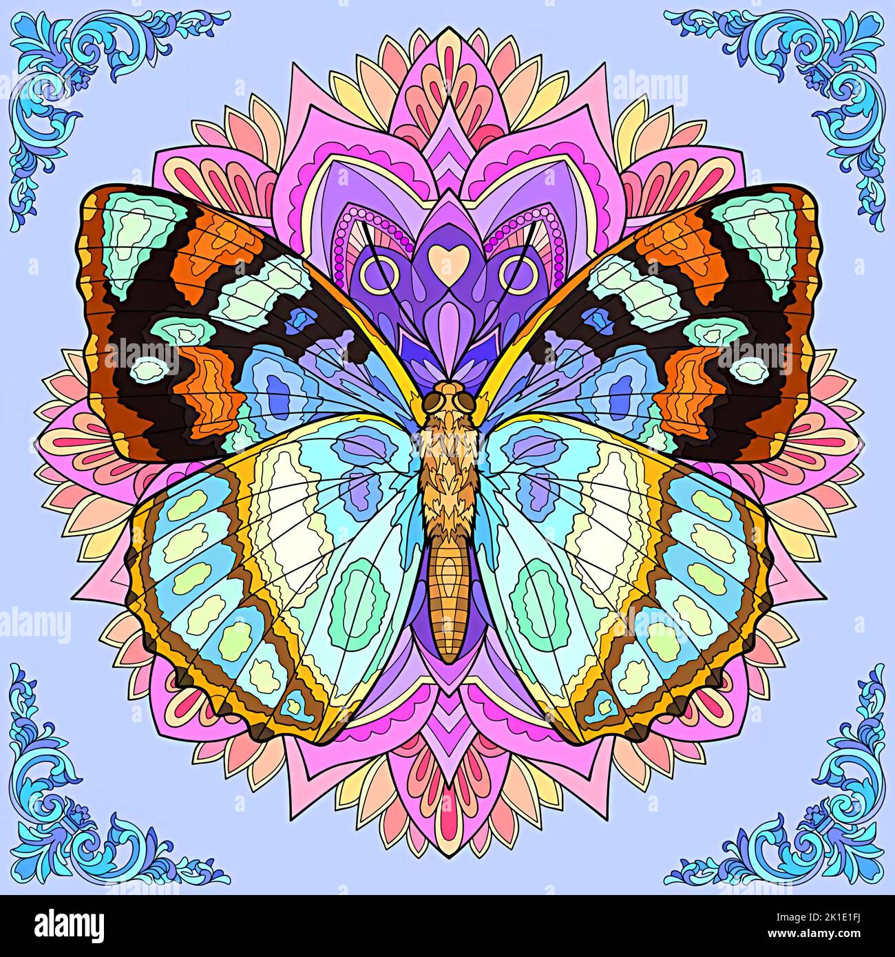 Bunte Schmetterling Zeichnung auf einem rosa, lila und blauen Mandala Hintergrund Stockfoto