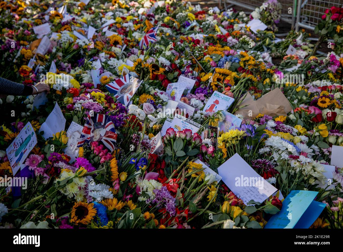 Windsor, Großbritannien. 17. September 2022. Zeichnungen und Postkarten mit Blumenmotiven vor dem Schloss Windsor. Scharen von Trauernden und Verfemern aus der ganzen Welt kommen weiterhin nach Windsor Castle, um Königin Elizabeth II. Zu ehren, die am 8.. September 2022 starb. (Foto von Hesther Ng/SOPA Images/Sipa USA) Quelle: SIPA USA/Alamy Live News Stockfoto