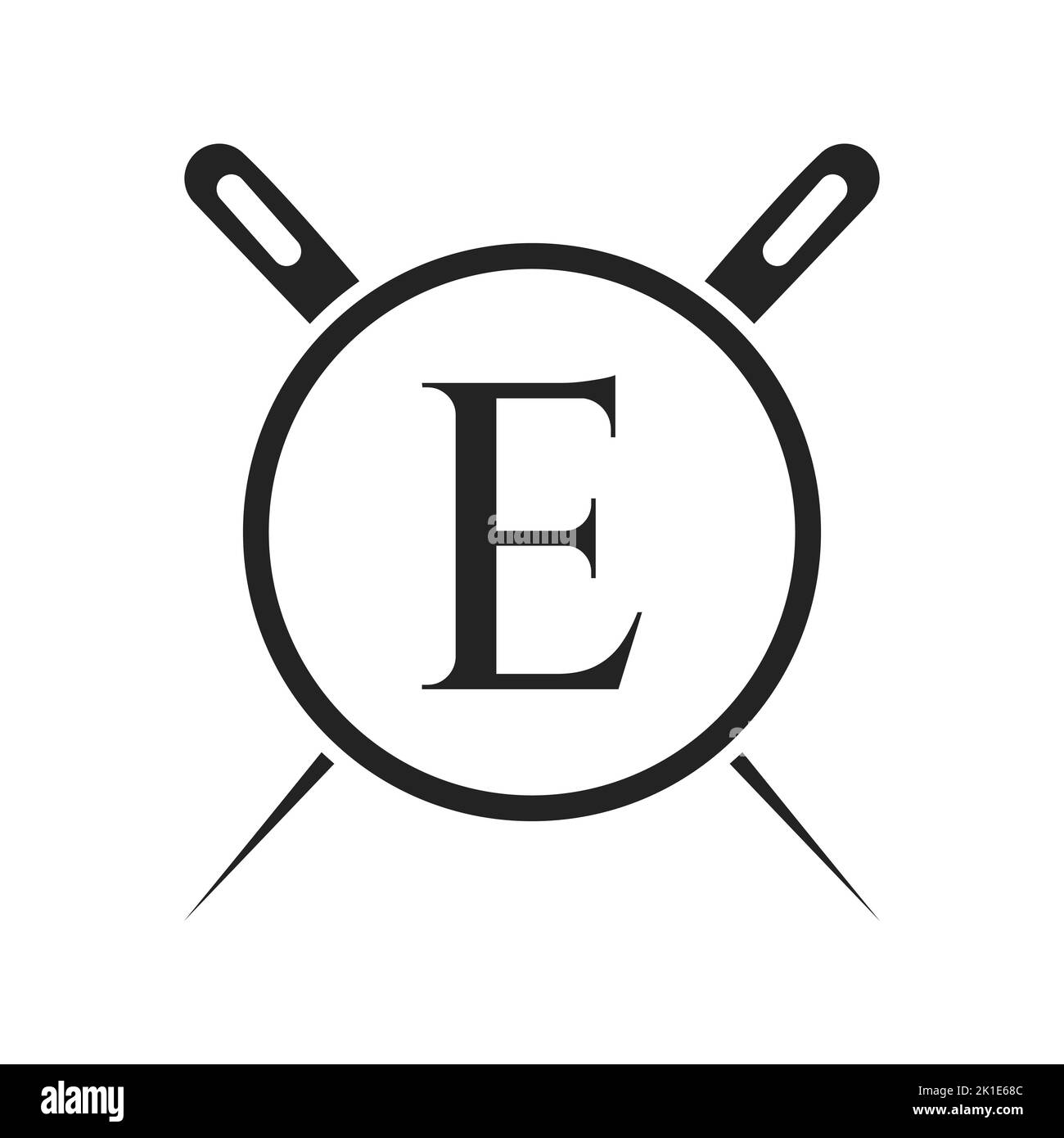 Letter E Tailor Logo, Nadel- und Fadenkombination für Sticken, Textil, Mode, Stoff, Stoffvorlage Stock Vektor