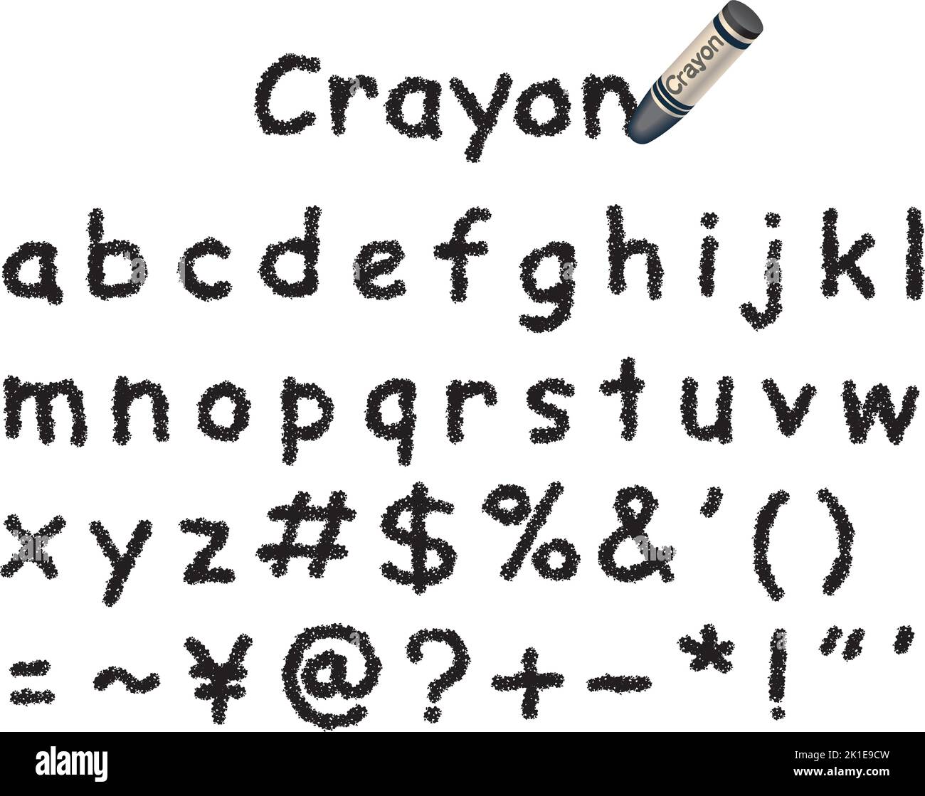 Vektor Schwarz Crayon Schriftart isoliert auf Einem weißen Hintergrund. Kleinbuchstaben Und Zeichen. Stock Vektor
