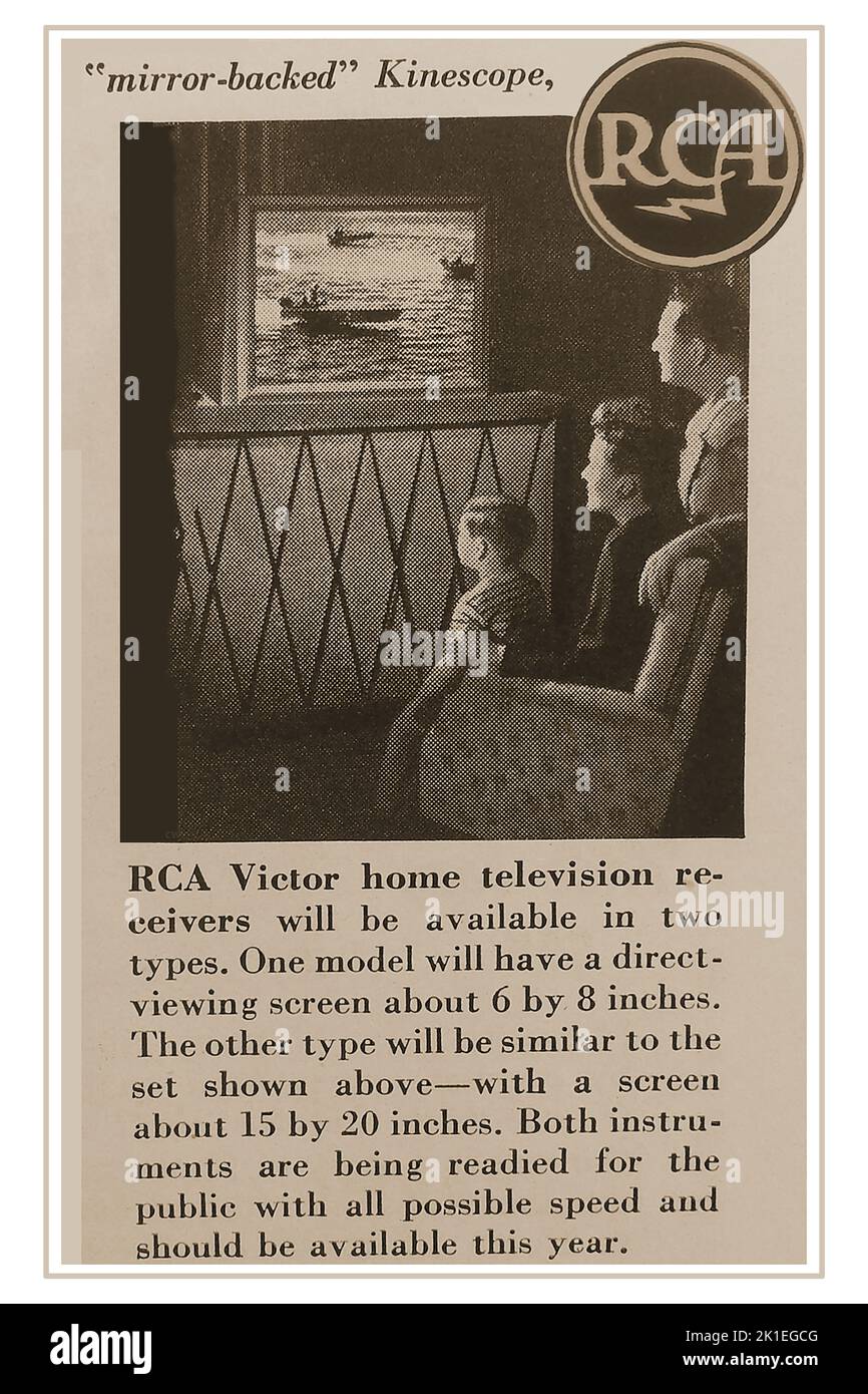 Eine Werbung aus dem Jahr 1947 für die neue Reihe von Fernsehern der Radio Corporation of America (RCA) mit Spiegelrückseite, Kinescope Victor (6 x 8 Zoll und 15 x 20 Zoll) Stockfoto