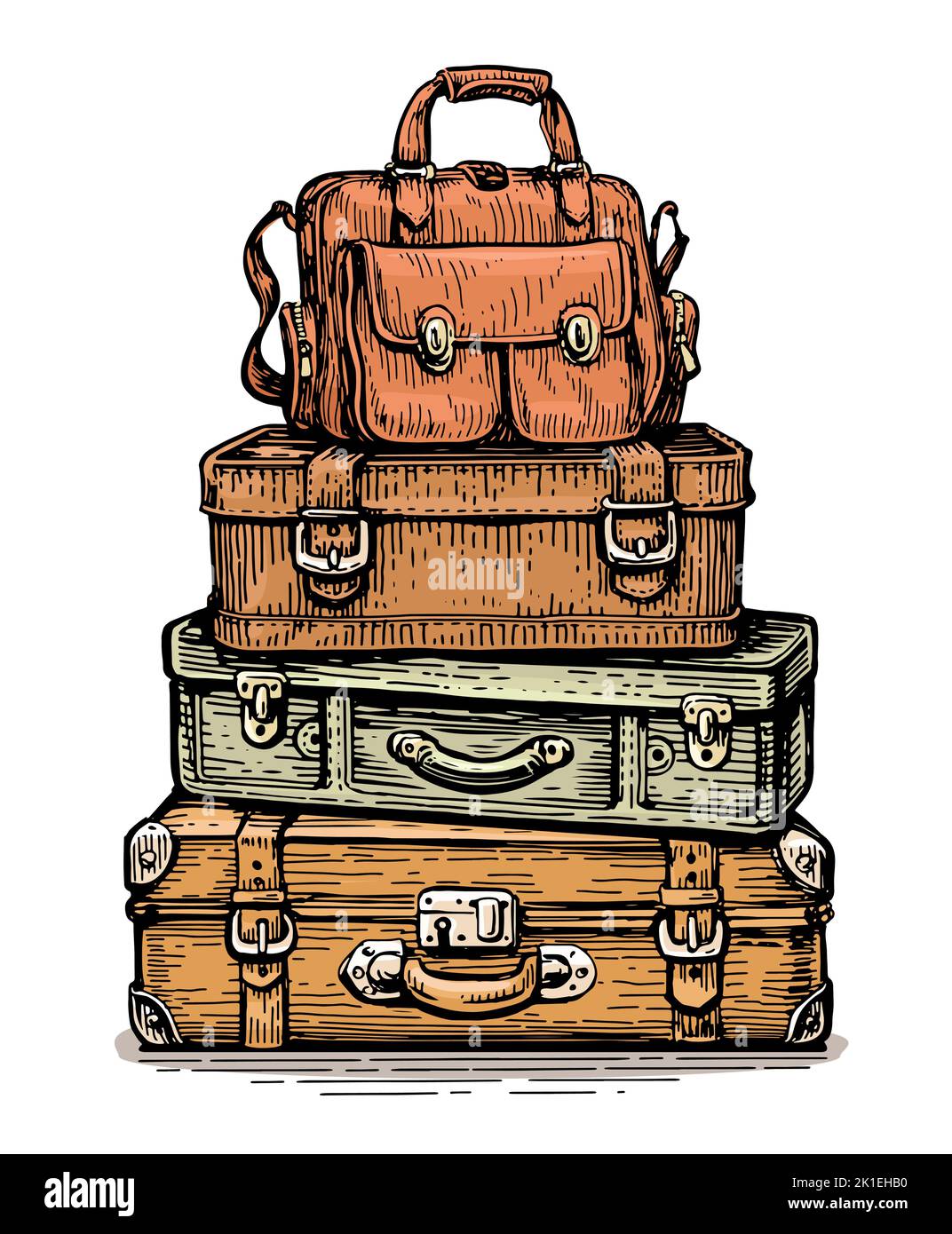 Haufen alter alter Koffer. Bunte Aktentaschen stapeln, Reisetaschen, Gepäck mit Schlössern und Griffen. Urlaubskonzept Stock Vektor