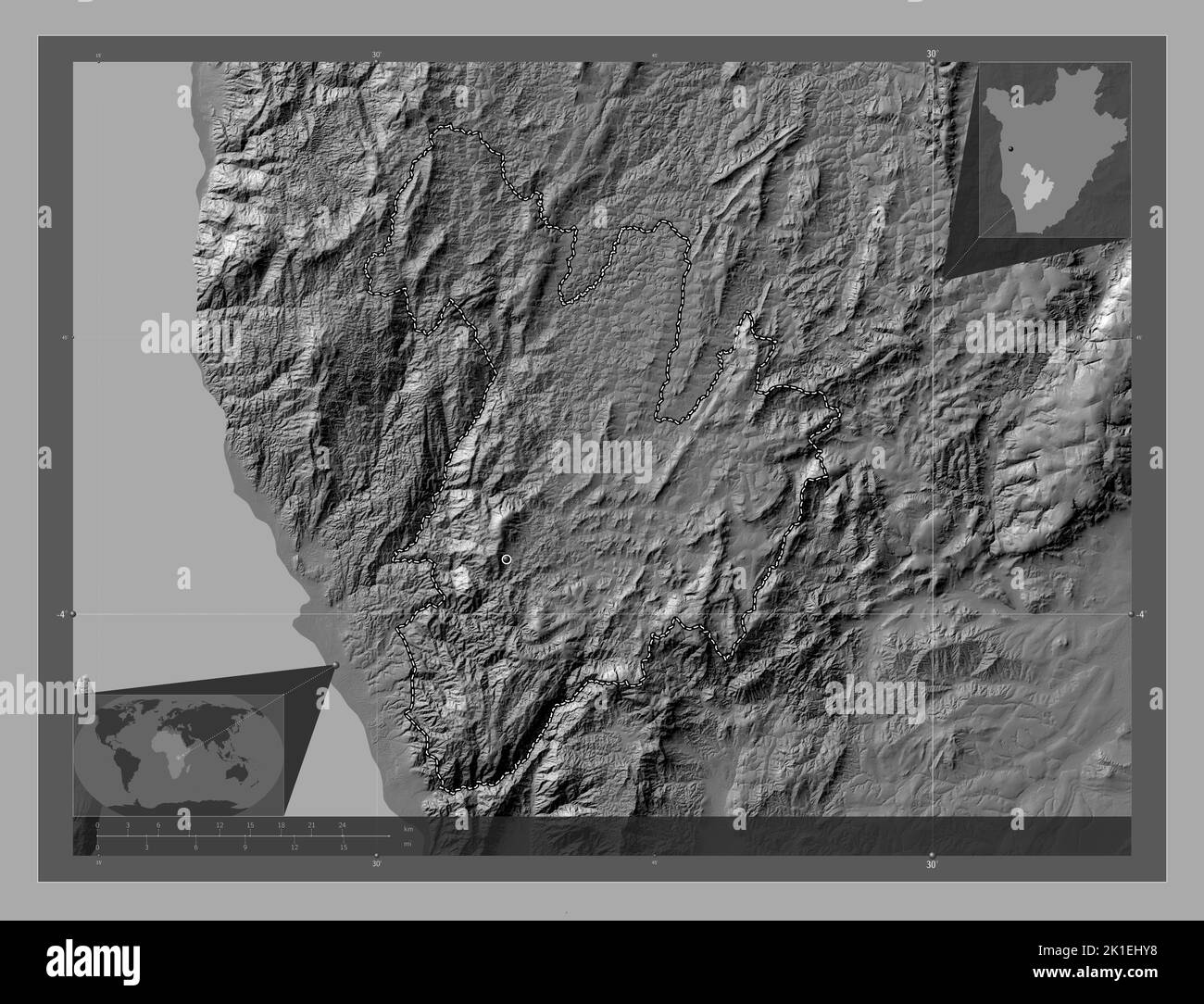 Bururi, Provinz Burundi. Bilevel-Höhenkarte mit Seen und Flüssen. Standorte der wichtigsten Städte der Region. Karten für zusätzliche Eckposition Stockfoto