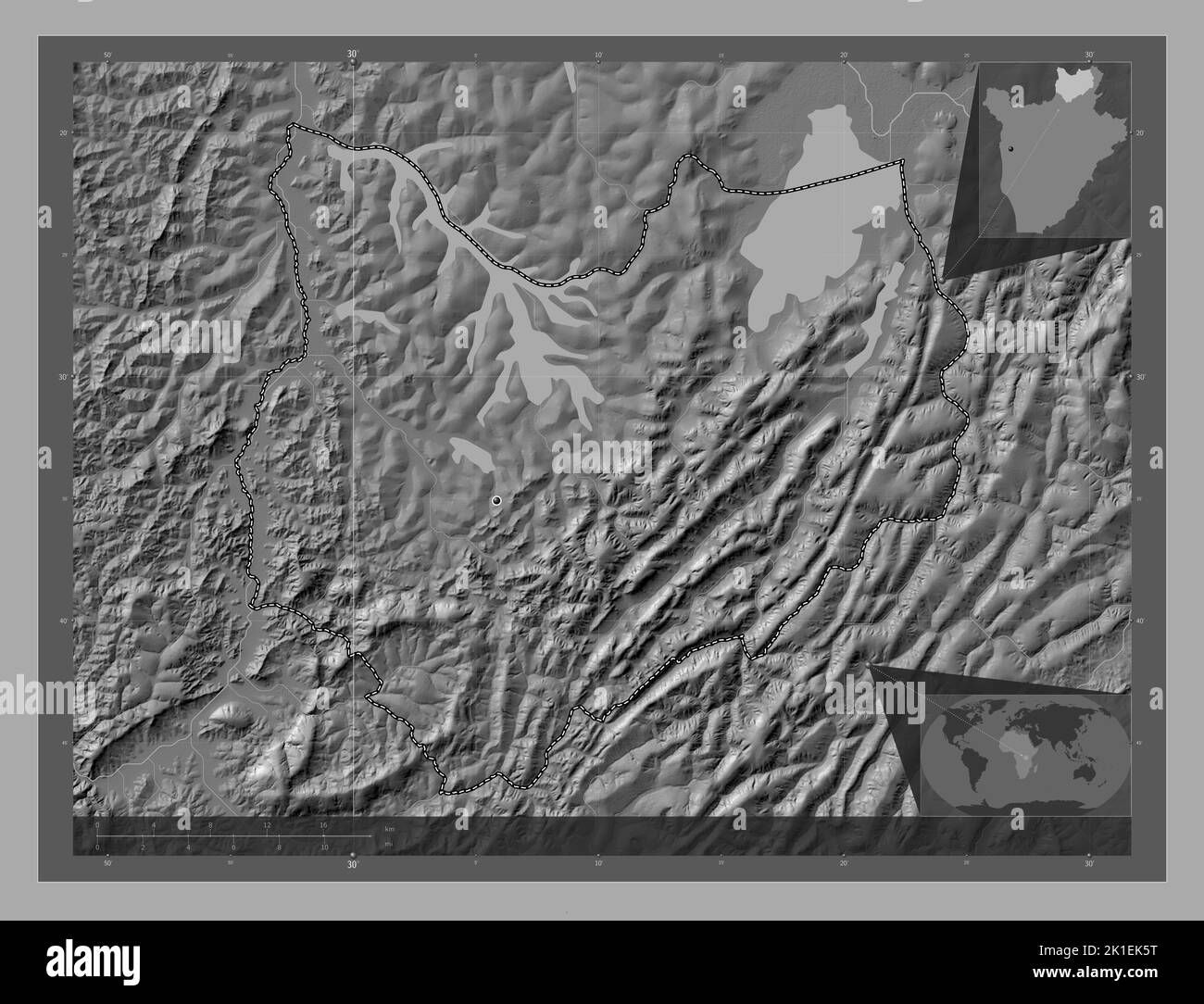 Kirundo, Provinz Burundi. Bilevel-Höhenkarte mit Seen und Flüssen. Karten für zusätzliche Eckposition Stockfoto