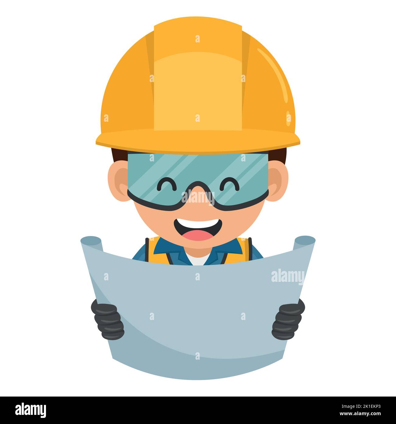 Betreuender Ingenieur mit Bauplan vor Ort. Industriearbeiter mit persönlicher Schutzausrüstung. Arbeitsschutz und Arbeitsschutz Stock Vektor