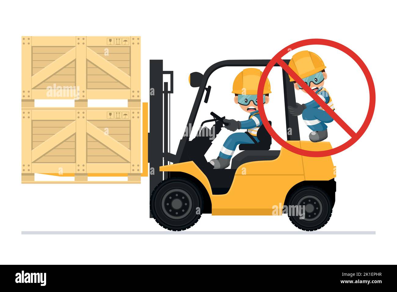 Der Transport von Personen mit dem Gabelstapler ist verboten. Gabelstapler, der eine Packpalette aus Holzkisten transportiert. Arbeitsunfall in einem Lager. Sicherheits-Fi Stock Vektor