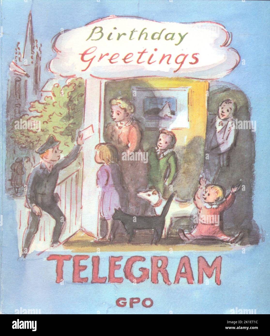 Dekorativer Umschlag für Geburtstagsgrüße Telegramm entworfen von Edward Ardizzone 1962 Stockfoto