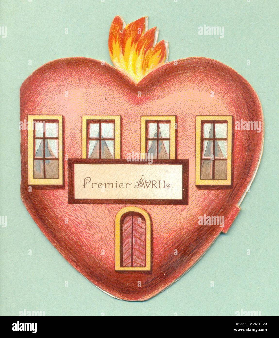 Chromolithographierte Grußkarte für den 1.. April (Premier Avril), die ein Herz als ein vor Liebe entflammenes Zuhause um 1905 zeigt Stockfoto Chromolithographierte Grußkarte für den 1.. April (Premier Avril), die ein Herz als ein vor Liebe entflammenes Zuhause um 1905 zeigt Stockfoto
