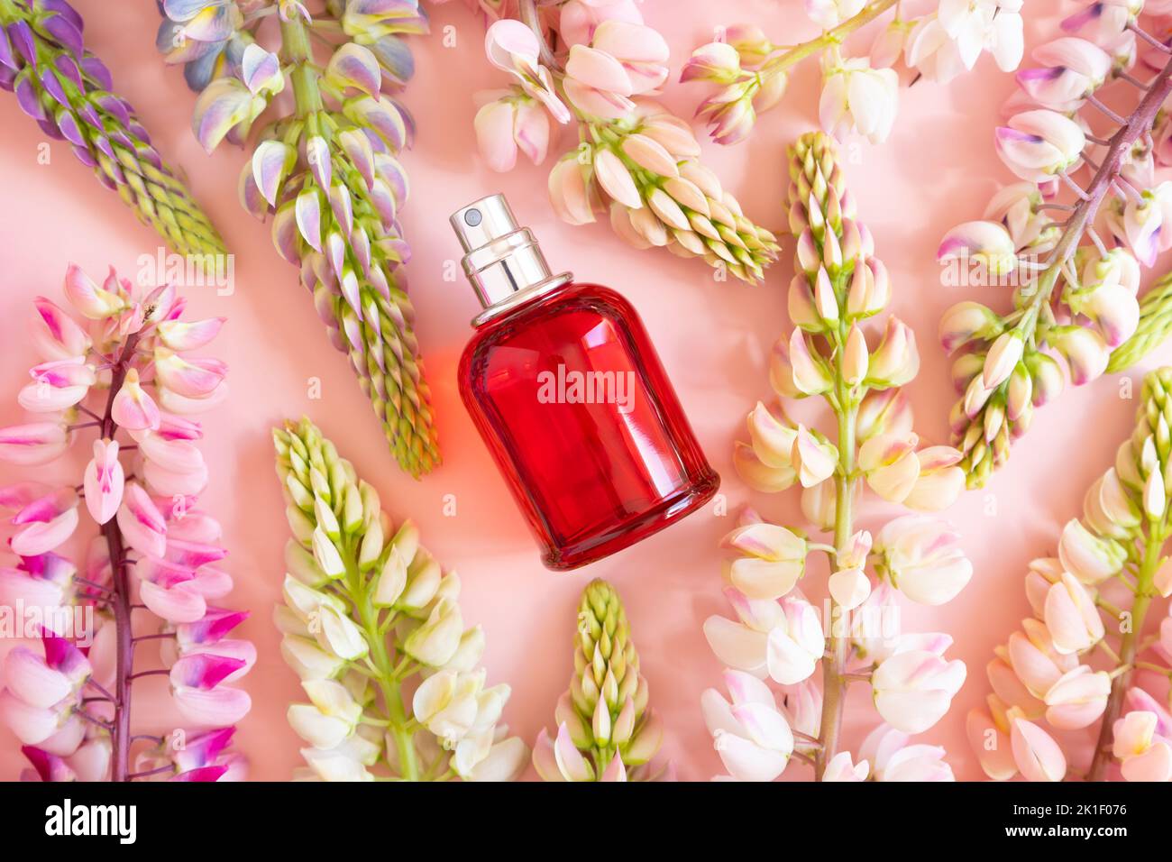 Parfümspray rote Flasche und rosa Lupinenblüten auf rosa Hintergrund. Vorderansicht oben, Sommerflachlage, Mockup. Stockfoto