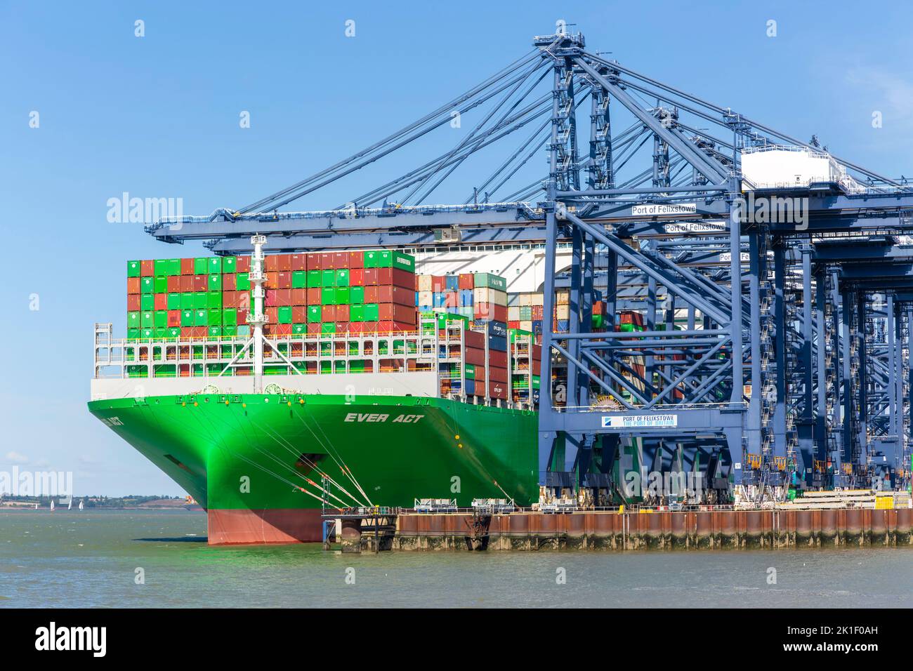 Evergreen Ever Act Containerschiff- und Portalkrane am Kai, Port of Felixstowe, Suffolk, England, Großbritannien Stockfoto
