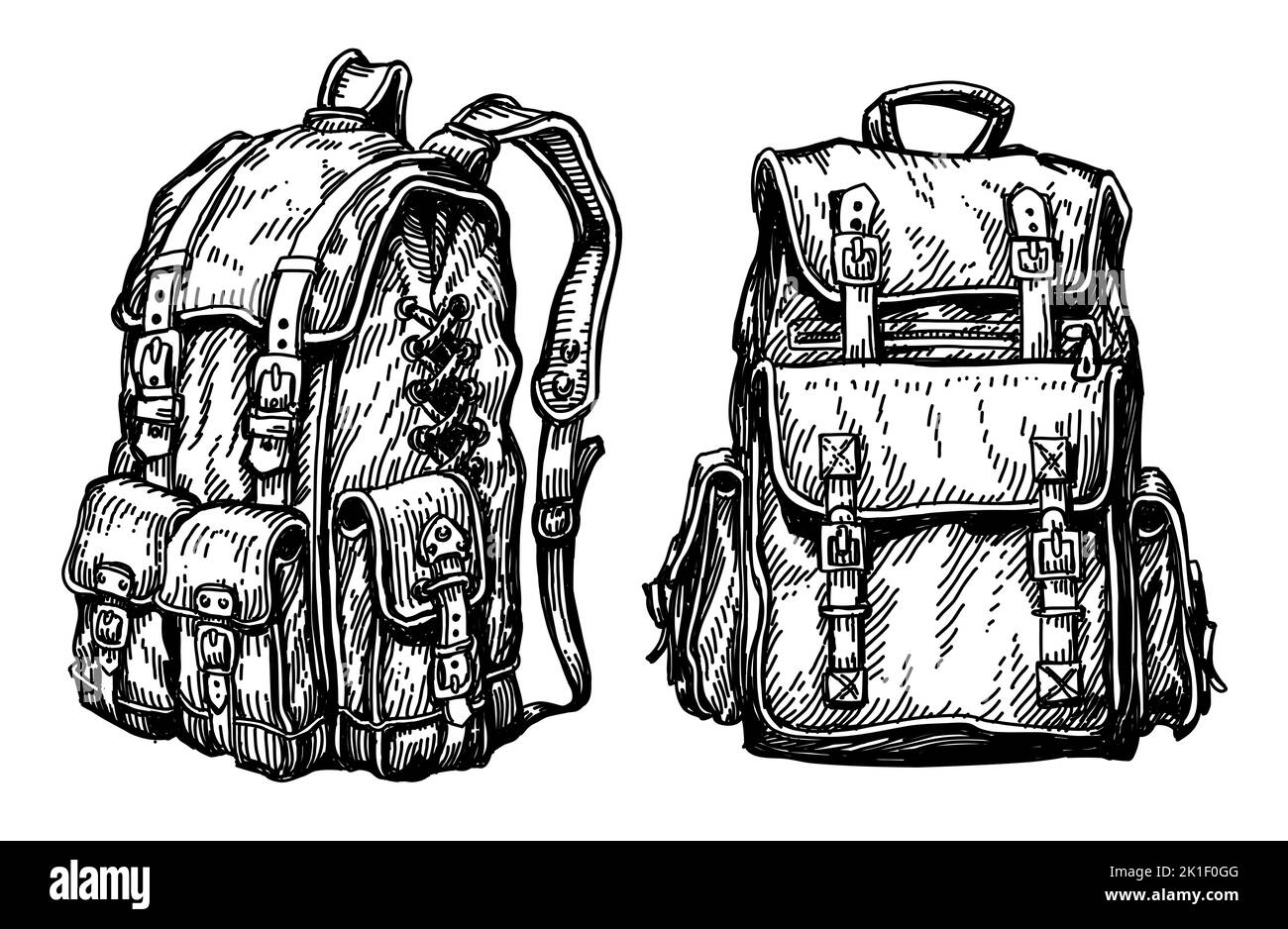 Tourist Camping Rucksack Skizze. Wandern, Wanderkonzept. Handgezeichnete Illustration isoliert auf weißem Hintergrund Stockfoto