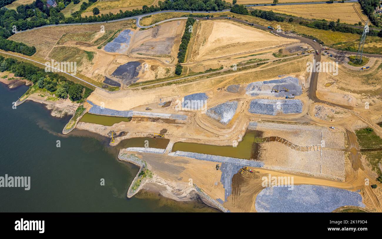 Luftaufnahme, Renaturierung Emscher-Mündung, Rheinaue, Formen und Farben, Möllen, Voerde, Ruhrgebiet, Nordrhein-Westfalen, Deutschland, Binnenschifffahrt Stockfoto