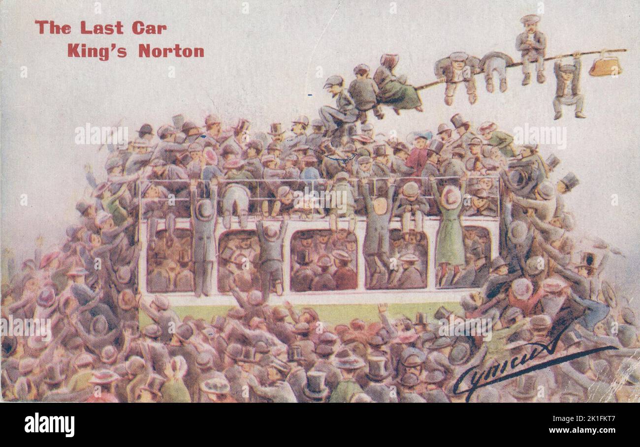 „Das letzte Auto, Kings Norton“, Anfang des 20.. Jahrhunderts. Karikatur von Cynicus, die eine vollgepackte Straßenbahn zeigt, in der viele Passagiere hängen und drängen, in die Straßenbahn zu steigen Stockfoto