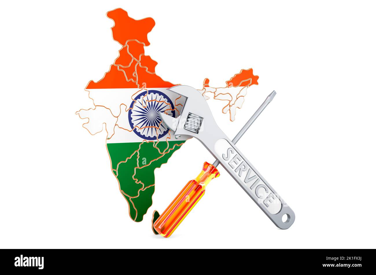 Indische Karte mit Schraubendreher und Schraubenschlüssel, 3D Rendering isoliert auf weißem Hintergrund Stockfoto
