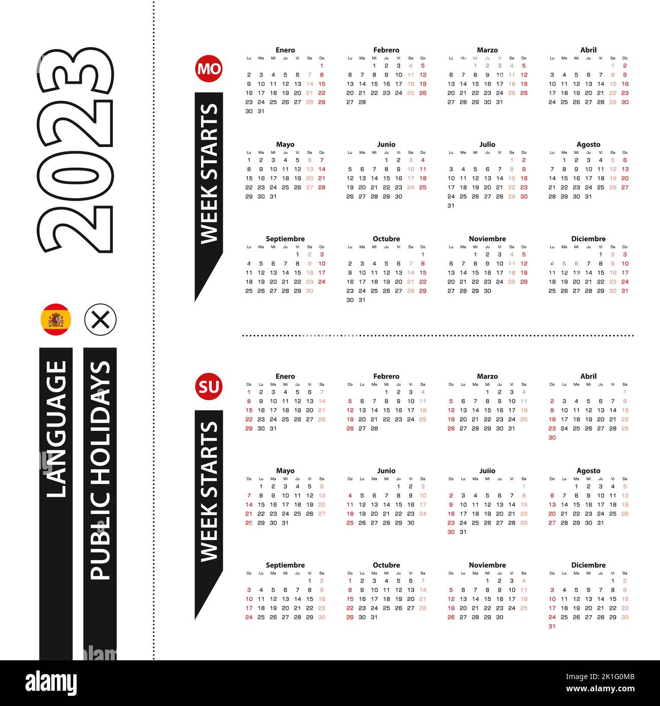 Zwei Versionen des Kalenders 2023 auf Spanisch, die Woche beginnt von Montag und die Woche beginnt von Sonntag. Vektorvorlage. Stock Vektor