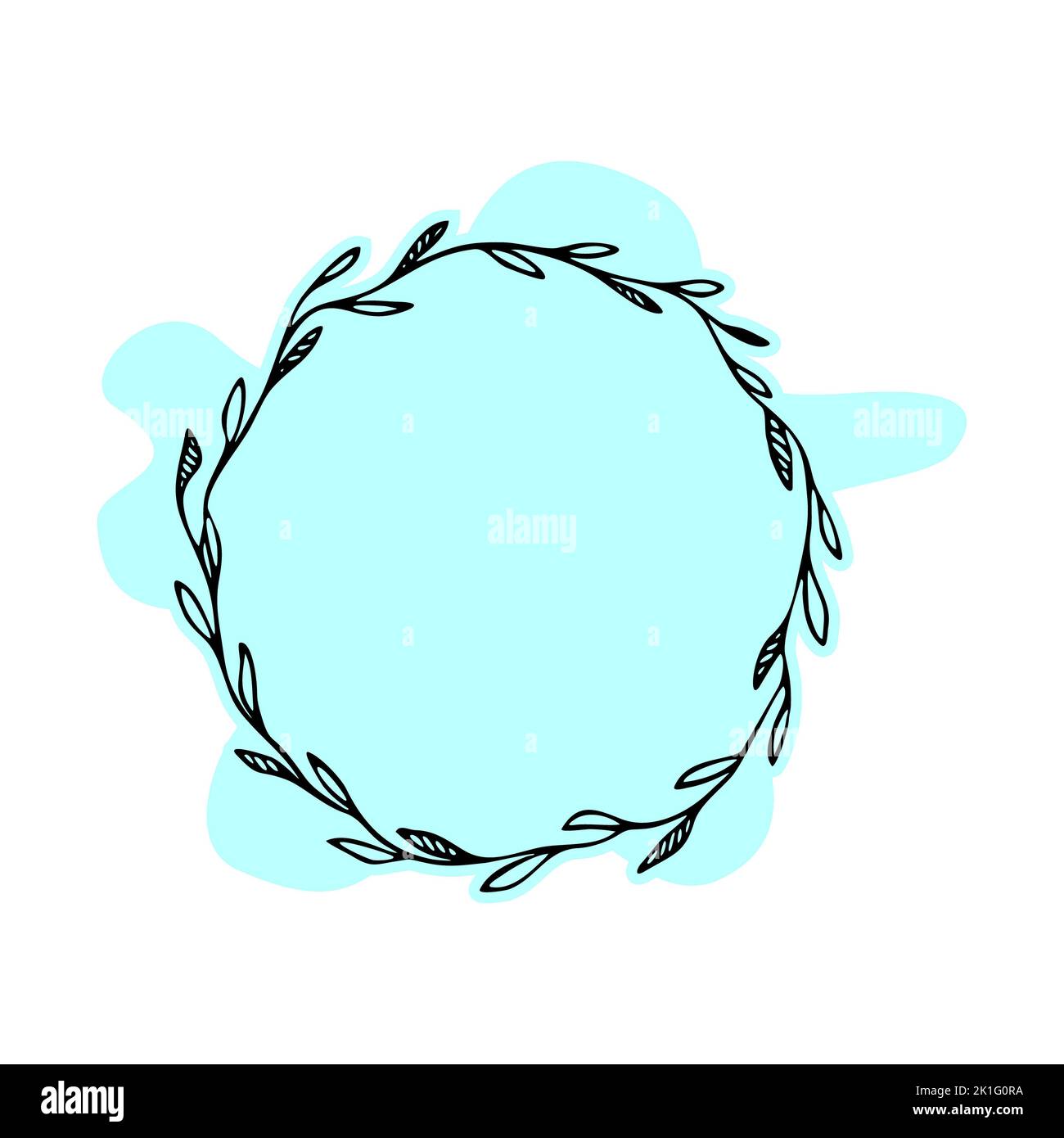 Hinterlässt einen handgezeichneten Rahmen. Botanischer Vektorrahmen. Floraler Hintergrund. Zarte Blumenkranz Illustration. Linienzeichnung Vektor Zweige, Pflanzen, Kräuter. Stockfoto