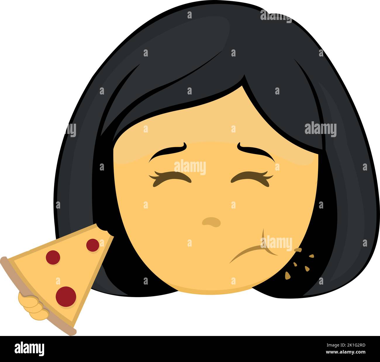 Vektor-Emoji-Illustration einer gelben Cartoon-Frau, die eine Pizza isst Stock Vektor