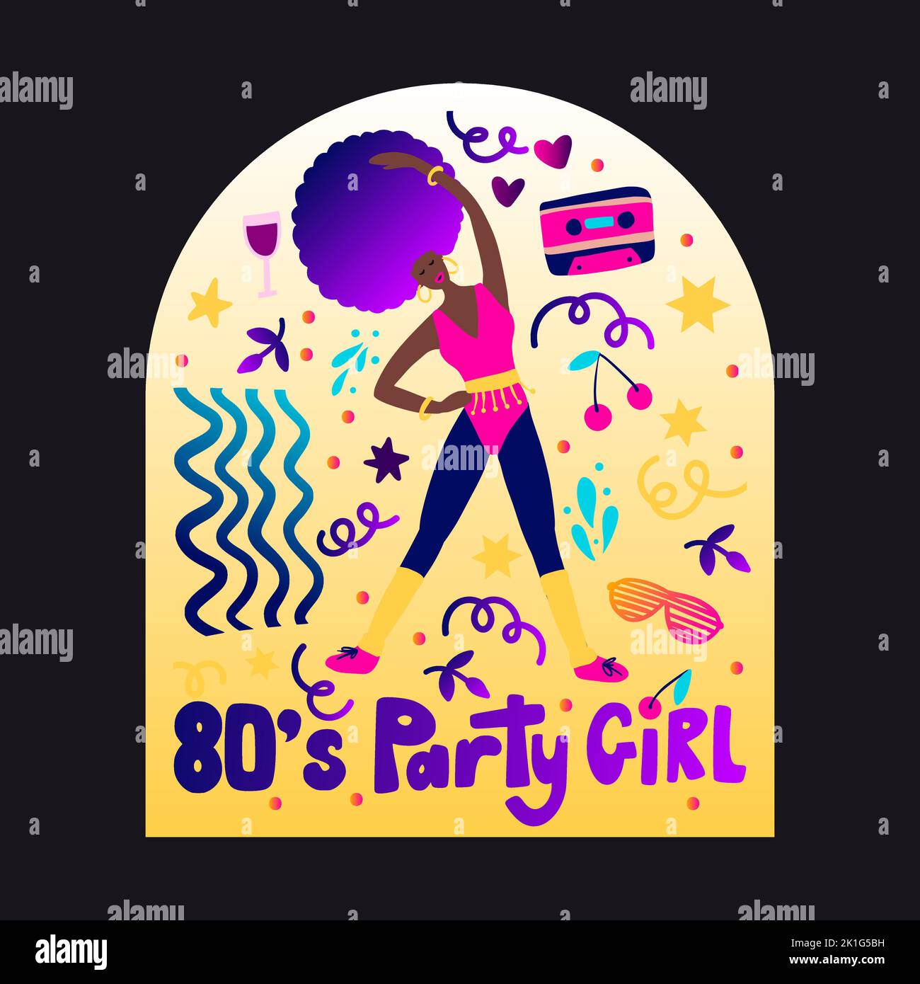 Retro Party 80s afroamerikanische Frau Fitness-Poster mit Gradienten Schriftzug 70s vintage Disco Tanz Flyer, Cartoon Charakter Vektor Person Stock Vektor