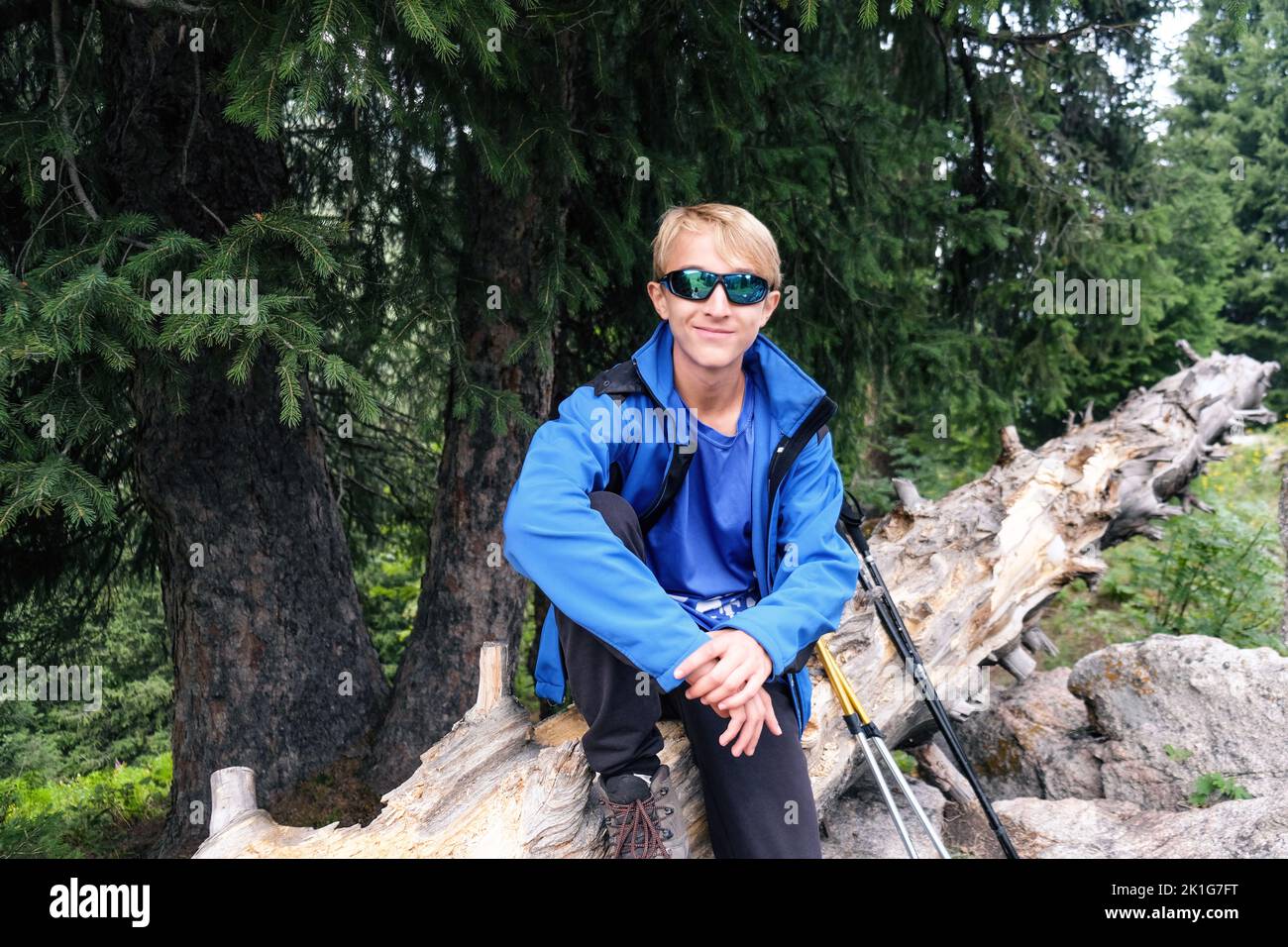 Porträt eines jungen Reisenden in einer blauen Jacke und einer dunklen Brille auf einem Baum sitzend. Stockfoto