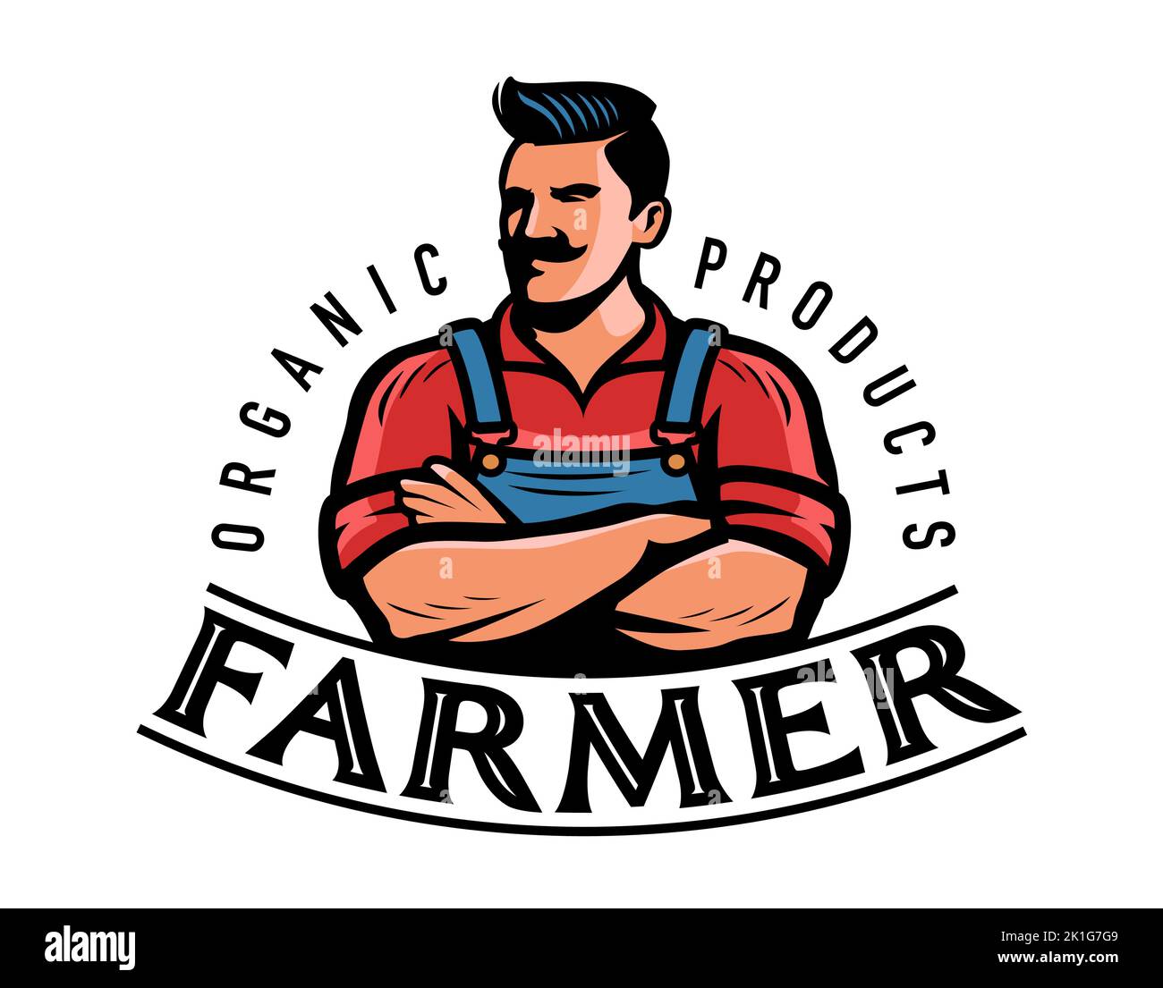 Farmer-Logo oder -Emblem. Bauernhof, Landwirtschaft, Landwirtschaft Abzeichen. Organische natürliche Lebensmittel Symbol Vektor-Illustration Stock Vektor