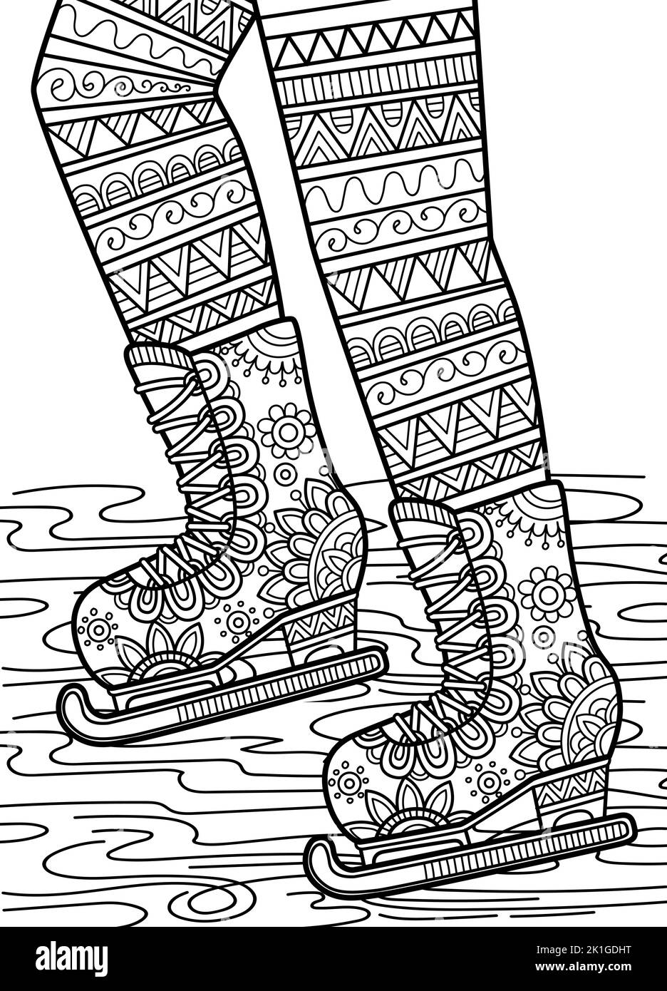 Vektor-Malbuch Seite für Erwachsene. Schwarz-weiße Schlittschuhe im Mandala-Stil Stock Vektor